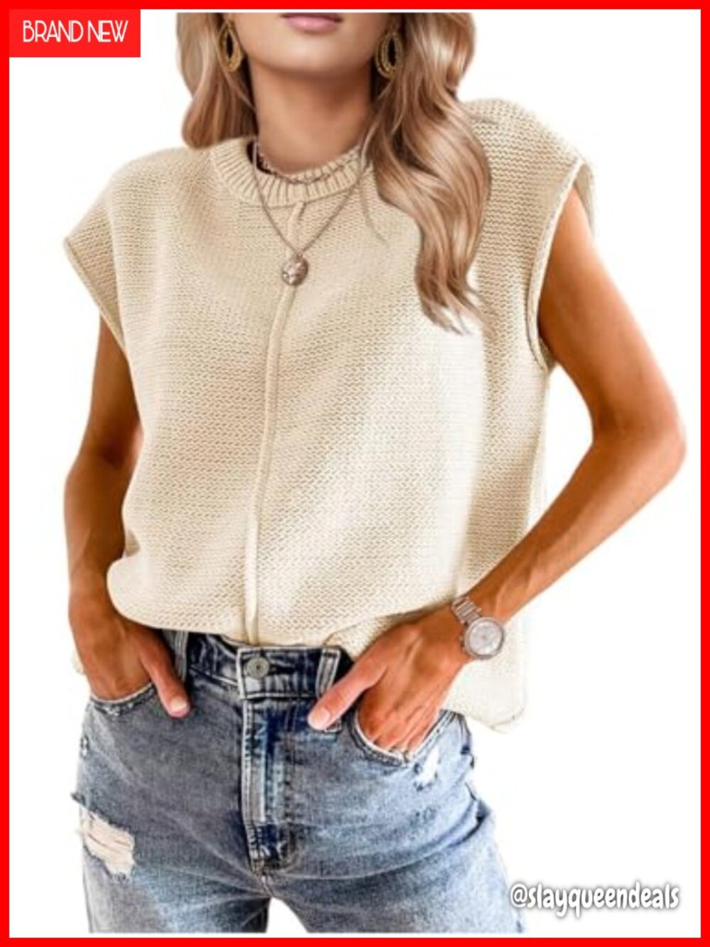 Womens Crochet Sweater Vest Cap Short Sleeve Crew Neck Pullover Top